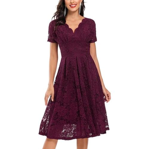 Hot Sale Sexy Deep V-neck Lace Big-Swing Dress Women Elegant Red Color Pleated Short Sleeve Club Gown Lady Party Formal Dresses