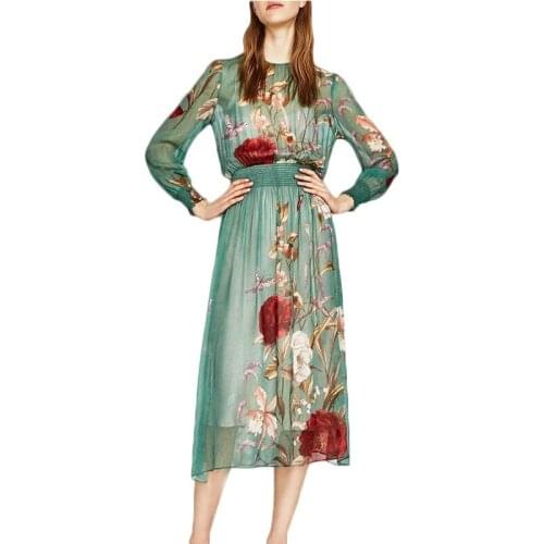 Women elegant floral chiffon dress see through two pieces set long sleeve elastic waist casual brand dresses vestidos