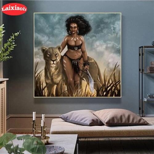 5D DIY Diamond African American black woman lion animal Embroidery Diamond Painting Cross Stitch Mosaic New Arrival Wall Art