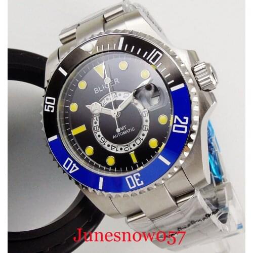 BLIGER 43mm Black Dial Sapphire Glass Date Function Rotating Bezel MINGZHU Movement Stainless Steel Strap