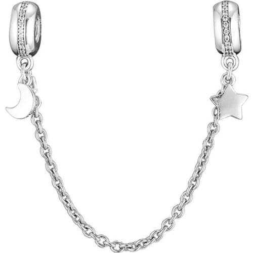 Clear CZ Moon & Star Safety Chain Charm Beads for Jewelry Making DIY Silver 925 Jewelry Crystal Beads for Charms Bracelets Women