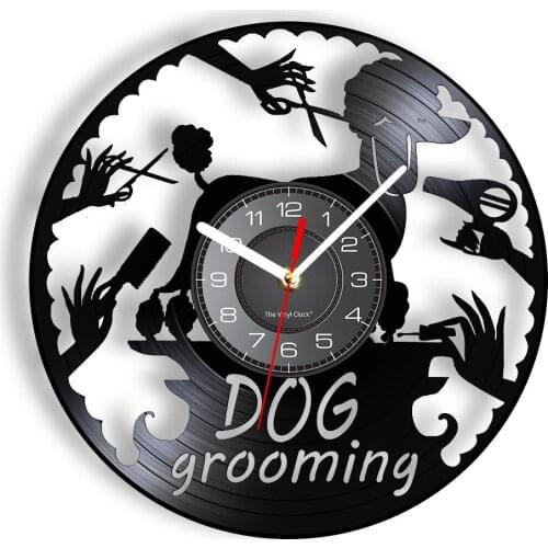 Dog Grooming Decorative Wall Clock Pet Dog Beauty Salon Animal Laser Cut Longplay Wall Watch Retro Hanging Decor DIsk Artwork