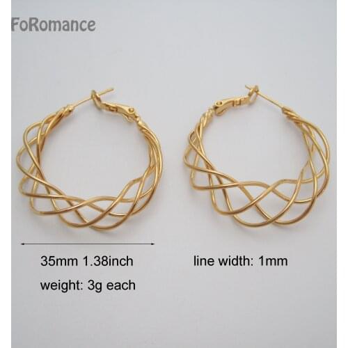 Foromance Fashion Woman Girl Trendy YELLOW GOLD COLOR 4 Lines Twisted Metal HOOP EARRING 35mm Great Gift Best Decoration