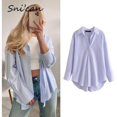 Blue Striped Blouse Shirts Oversize Women Casual Chic Tops Za 2021 Vintage Office Ladies Blusas Feminino Spring Femme Chandails