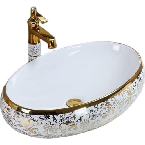 European-Style Oval Ceramic Table Basin Square Table Household Wash Basin Luxury Gold Above Counter Bath Vessel Sink with Tap