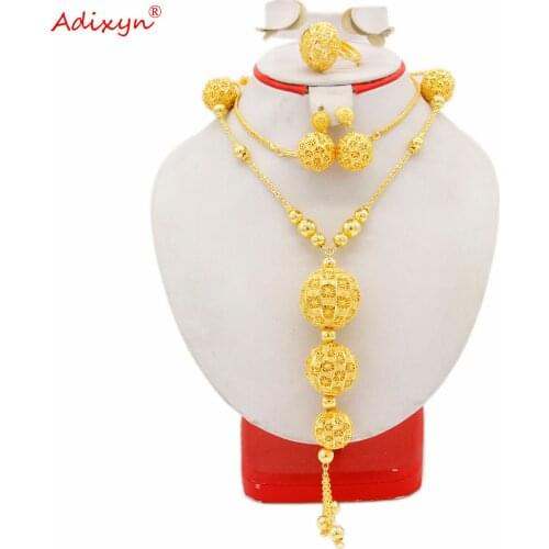Adixyn African 24K Gold Color Fine jewelry sets Ethnic Necklace Earrings Ring set for Women Bridal Wedding Gifts N082812
