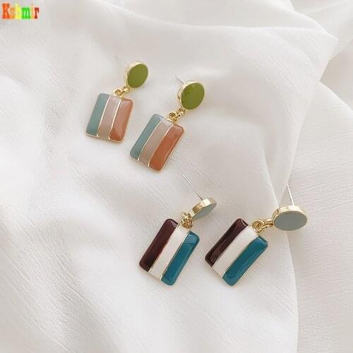 Kshmir Korean Creative Oil Painting Style Earrings Square Earrings Drop Female Fashion Retro Earrings Contrast Color Geometric