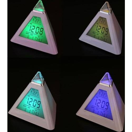 Colorful Pyramid Alarm Clock Night Light Thermometer Digital Wall Clock Changeable Led Clock Home Decor Accessories