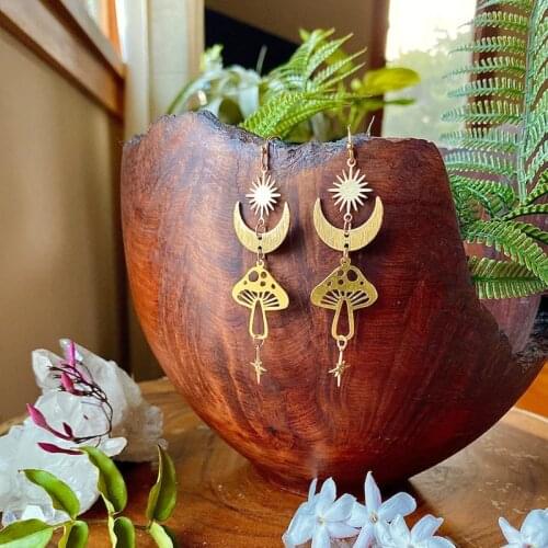 Creative Fashion Golden Celestial Mushroom Moon Star Pendant Earrings Bohemian Women Charm Wanderlust Jewelry Party Female Gift