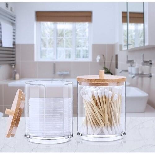 Bamboo Lids Cotton Swabs Storage Holder Box Acrylic Transparent Cosmetic Container Makeup Cotton Pad Jewelry Home Organizer Case