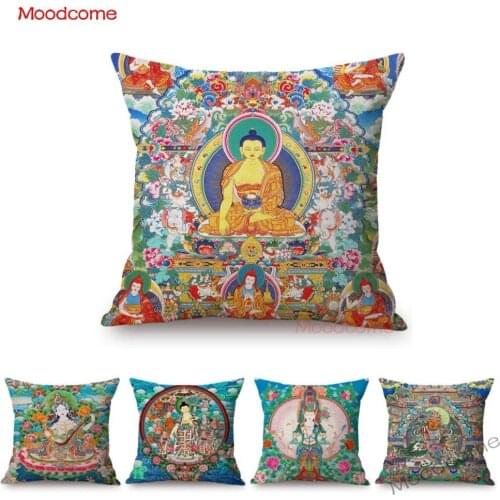 Colorful Blue Buddhism Artwork Bodhisattva Fortune God Sakyamuni Tangka Buddha Painting Sofa Pillow Case Linen Cushion Cover