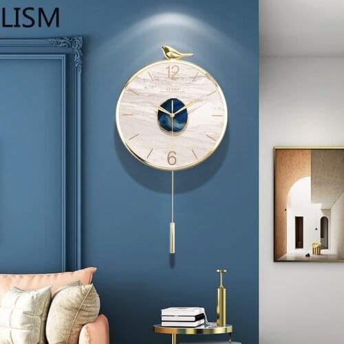 Wall Clock Mechanism with Pendulum Quartz Silent Living Room Modern Design Nordic Wall Clock Luxury Atmospheric Agate Bird Saat