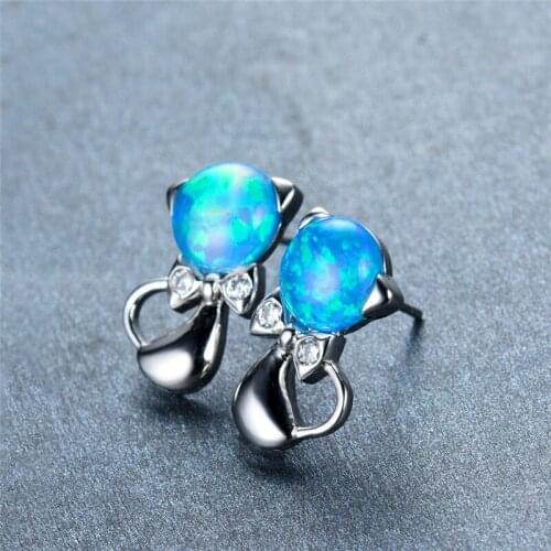 White Zircon Cute Bowknot Stud Earrings Blue Round Opal Small Cat Earrings For Women Vintage Bride Silver Color Animal Earrings