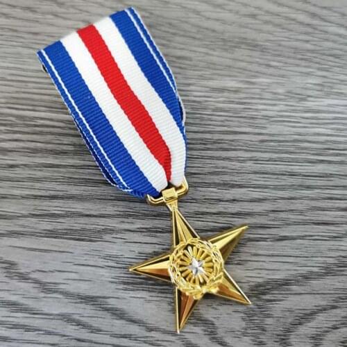 US Army Award Medal Silver Star Medals Five-pointed Star Honours Ribbon Military Commemorate Badge Pin