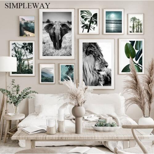 Nature Plant Leaf Landscape Poster Lion Animal Canvas Wall Art Print Nordic Plam Tree Starry Night Decorative Picture Home Decor