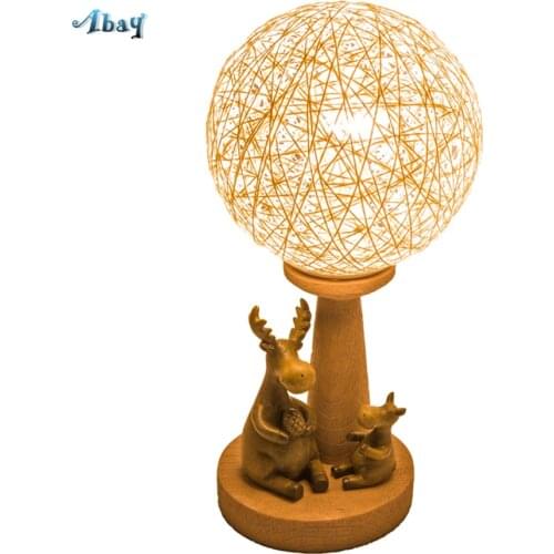 Art Deco Resin Fawn Table Lamps for Desk Rattan Knitting Lampshade Makeup Table Lighting Fixture Led Bed Lamp Kids Holiday Gift