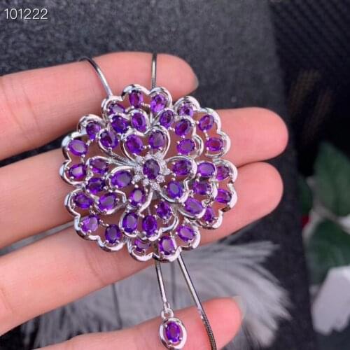 Natural amethyst brooch S925 silver Natural purple crystal brooch Pendant trendy big Riches Flower women party two wear jewelry