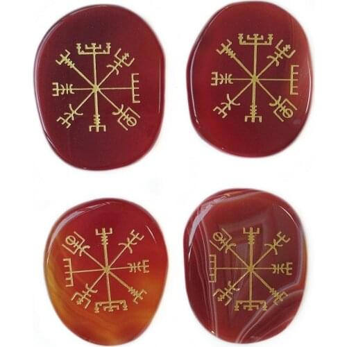 Natural Red Carnelian Agate Palm Stone Big Size Carved Vegvisir Viking Compass Rune Symbols Reiki Healing Crystals Wholesale