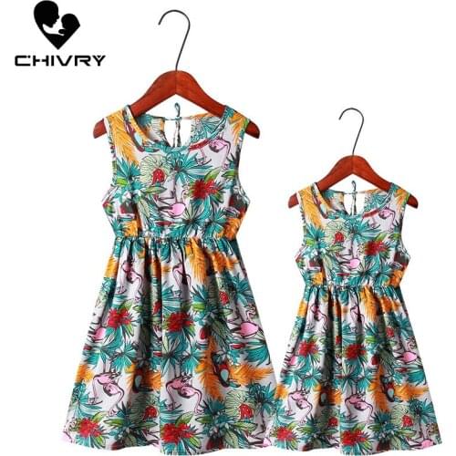 2019 New Mother Daughter Summer Dresses Sleeveless Floral Beach Dress Mom and Daughter Dress Family Matching Outfits Clothes
