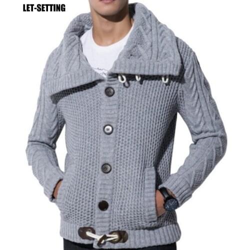 Autumn Fashion Slim Casual Cardigan Male Sweater Loose Fit Warm Knitting Horns Buckle Thick Hedging Turtleneck Jumper Men Coat