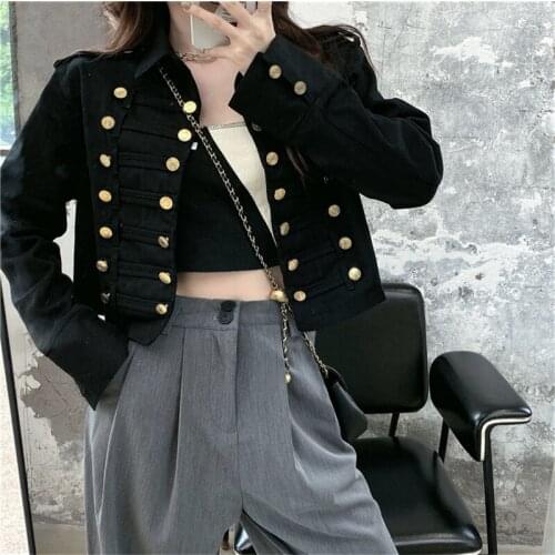 Autumn Women Military Uniform Short Jackets Gold Buttons Double-breasted Jretro Jackets Long Sleeve Vintage Coats Windbreaker