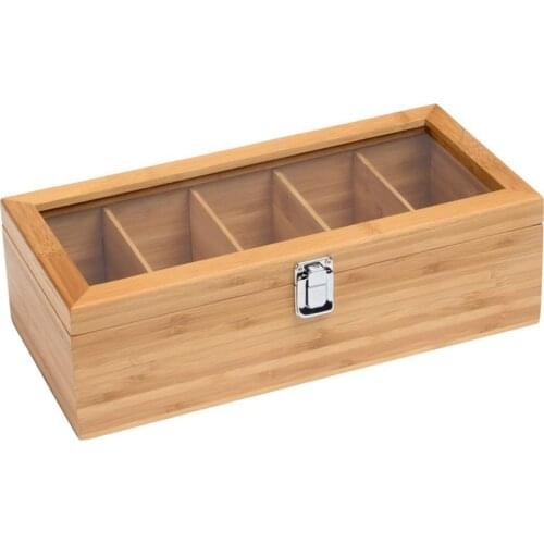 Personalized Wood Tea Storage Box Caddy Organizer Bamboo Tea Storage Holder With 5 Compartments