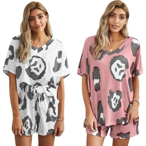 Womens Pajamas Die-Dye Printing V-Neck Short-Sleeved Home Service Suit Oversize Loose Loungewear Female Casual Lounge Set 2XL