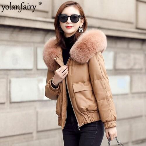 Winter Genuine Leather Jacket Women Hooded Big Fox Fur Collar Sheepskin Down Coat Short Korean Warm Chaquetas Mujer 2020 KJ3518