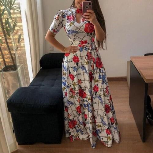 Women Plus Size Summer Print Floral Long Maxi Dresses Ladies Casual Short Sleeve Hollow Out Bandage Boho Beach Party Dress