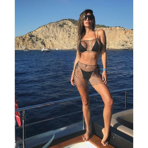 Womens Rhinestone Crystal Mesh Sequins Mini Skirts Clubwear Bikini Summer Cover Up Hollow Out Beach Dress Biquinis Feminino