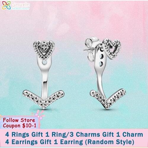 Smuxin 925 Sterling Silver Earrings Sparkling Wishbone Heart Stud Earrings CZ Statement Stud Earrings Women Earrings Gift