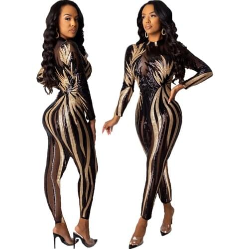 Sparkle Sequins Women Party Jumpsuits Charming Stripes Mesh Panelled Long Sleeves Crew Neck Sexy Nightclub Pants Rompers 2020 e
