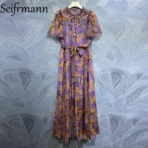 Seifrmann New 2021 Summer Women Fashion Designer Maxi Dress Short Sleeve Bow Sashes Gorgeous Beading Printed Dresses Vestidos