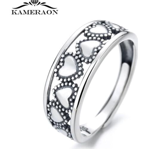 Retro Real S925 Adjustable Open Size Love Heart Hollow Ring for Women Fine Asymmetrical Heart-shaped Jewelry Party Gifts
