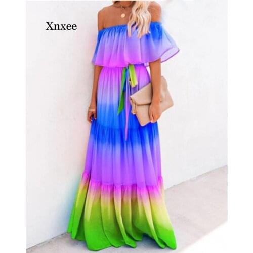 Rainbow Summer Women Off Shoulder Tie Dye Color Maxi Elegant Chiffon Dress Belted Ruffles Maxi Evening Long Dress Beach purple