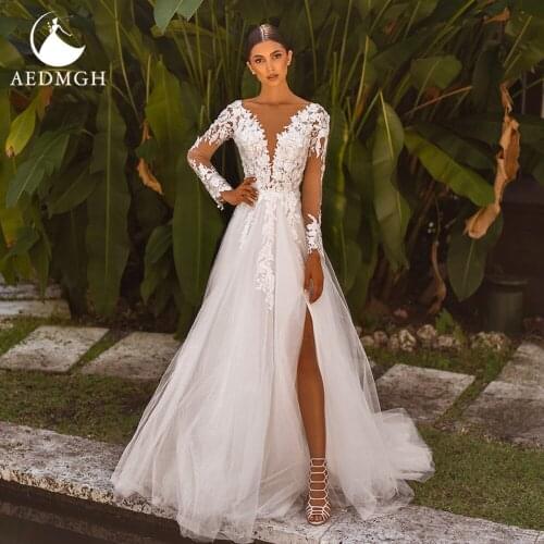 Aedmgh A-Line Beach Wedding Dresses 2021 V-Neck Long Sleeve Bride Dress Lace Appliques Simple Court Train Split Bridal Gowns