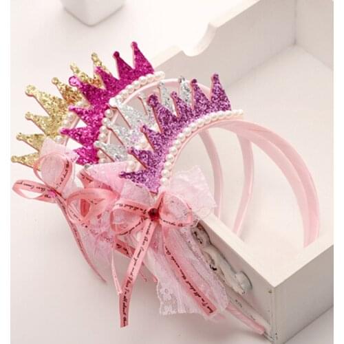 1pc Girls Hair Bands Pearls Resin Lace Bow Ribbon Crown Princess Kids Accessories