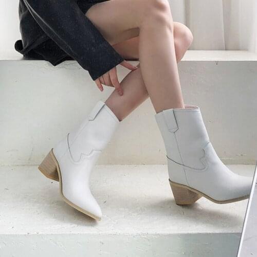 2020 New Women Boots Pointed Toe Thick Heel Shoes Autumn Winter Boots Short Ladies Western Ankle Boots for Women Size 33-42