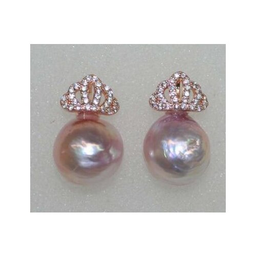 Free shipping luxury Noble jewelry Baroque peach purple furrow 12.5-13mm Oblate kasumi pearl earring
