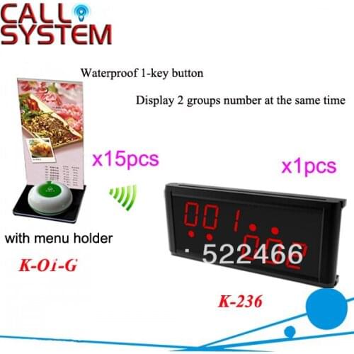 Wireless Table Call Bell System K-236+O1-G+H for restaurant with 1-key call button and display receiver DHL free Shipping