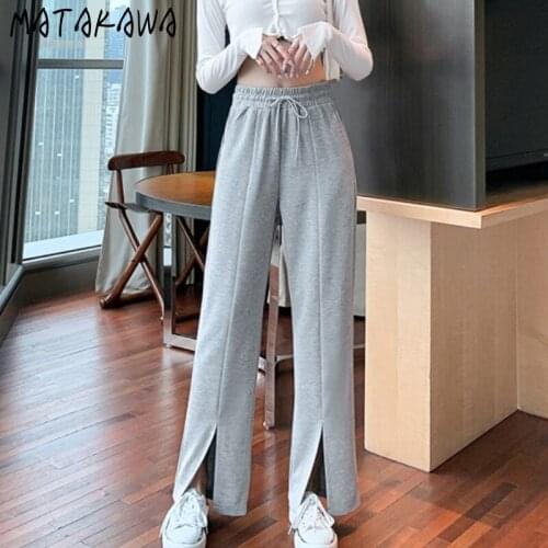Matakawa Split Sweatpants Autumn High Waist Lace Up Wide Leg Pants Straight Long Trousers Fashion Loose Joggers for Women