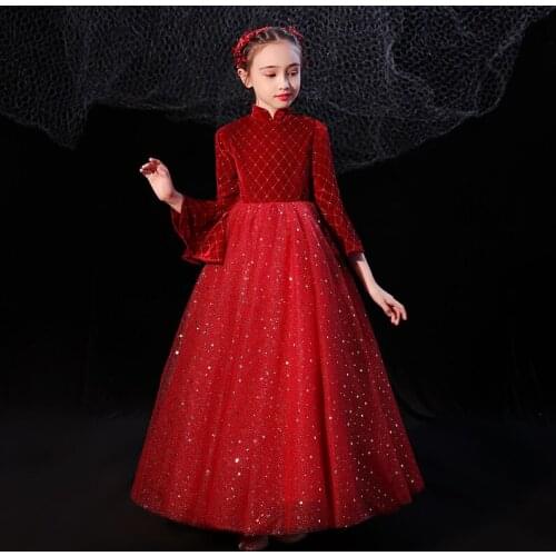 Flower Girl Dresses Illusion Luxury Vintage Princess Sequined Ball Gown Floor-Length High Full Lace Tulle Kids Party Dress H015