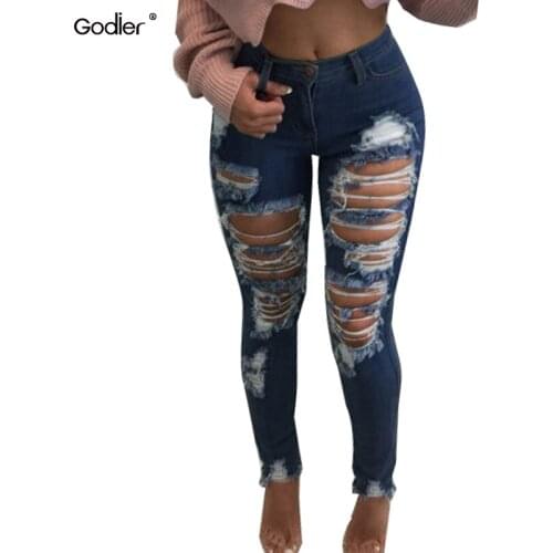 Godier Summer Fashion Jeans Women Sexy Ripped Big Hole Denim Jeans For Women Pencil Pants Jean Femme Trousers