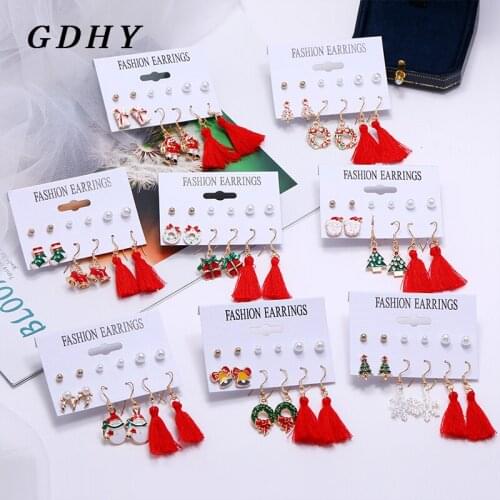 GDHY Christmas Earrings Set Pearl Alloy Earrings For Women Red silk fringes Tassel Stud Earrings New Brincos Fashion Jewelry