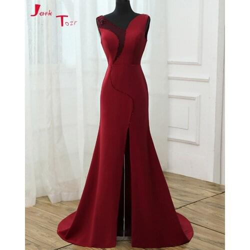 Jark Tozr New Arrive Formal Gowns Long Skirt Slit Pearls Back Beading Burgundy Satin Mermaid Evening Dresses Robe De Soiree