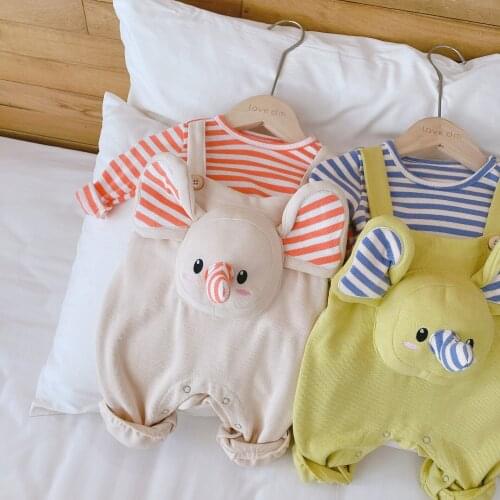 2PCS Korean Baby Elephant Shirts Two Pices Suit Baby boy Girls Striped Top + Strap Jumpsuit Sets Spring Autumn Newborn Outfits