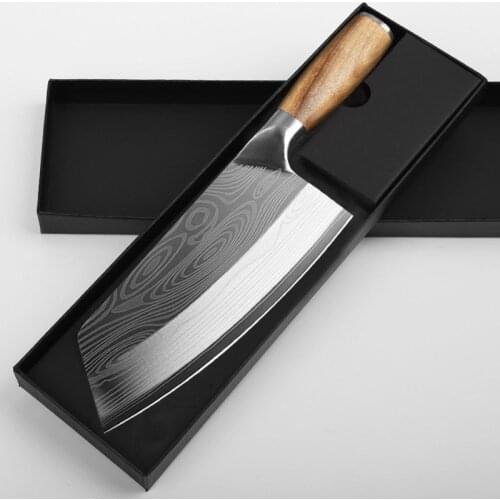 Kitchen Knife Damascus Laser Pattern Chinese Chef Knife Stainless Steel Butcher Knife Wood Handle Cleaver Meat Chopping Knife