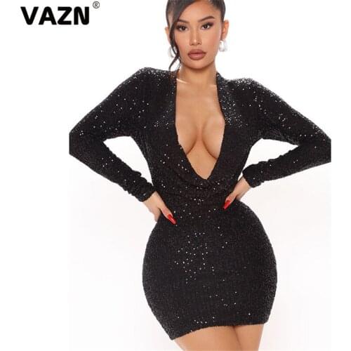 VAZN 2021 Hot Solid High-end Sequined Flaring Sexy Club Sweet Young Deep V-Neck Full Sleeve Women High Waist Thin Mini Dress