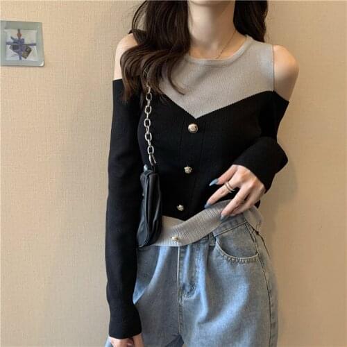Autumn Womens Fashion Design Button Stitching Off Shoulder Pullover Sweater