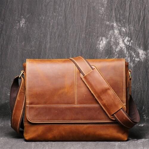 Genuine Leather Men Shoulder Bags Vintage Travel Crossbody Bag For 12" Laptop Business Male Messenger Bags Flap Pocket
